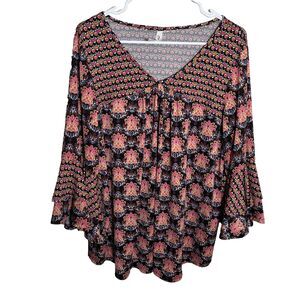 NY Collection Blouse Women's L/XL V-Neck Flared 3/4 Sleeve Boho Printed